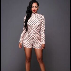 Fashion Nova Rose Gold Sequin Long Sleeve High Neck Romper - Size Medium